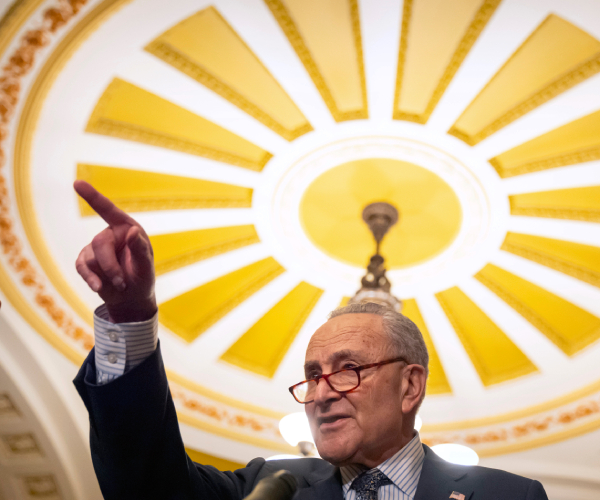 chuck schumer points while speaking beneath the dome of the capitol rotunda