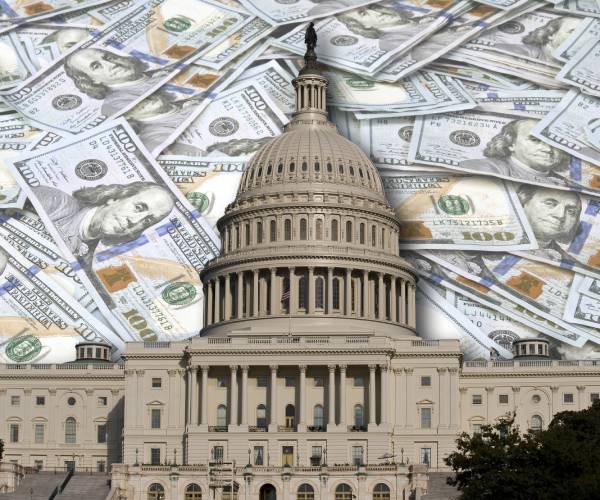 illustration of the sky filled with hundred dollar bills above the united state capitol building