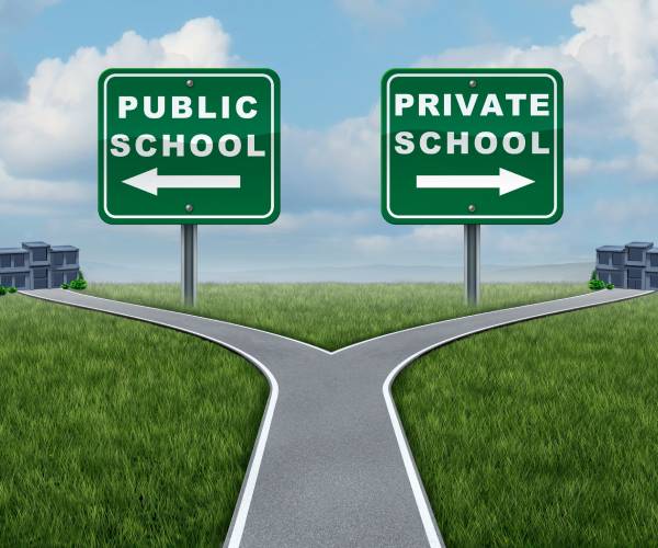 a fork in a road with signs pointing to private school and public school