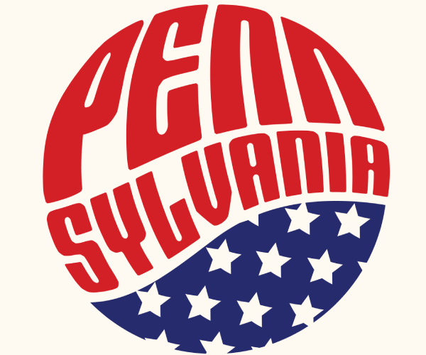 A circular logo with american flag motif and the word pennsylvania