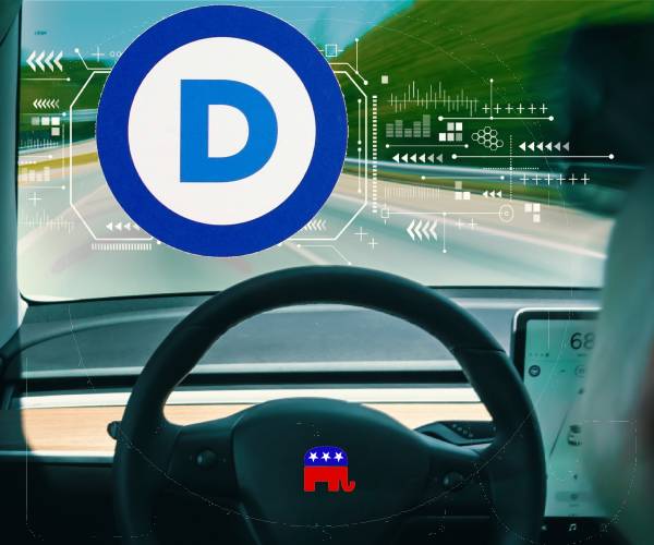 a car driving on autopilot with a republican logo on the steering wheel and a democrat logo blocking it on the highway