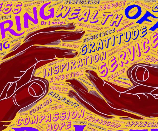 artistic drawing of one hand helping another with inspirational words in the background