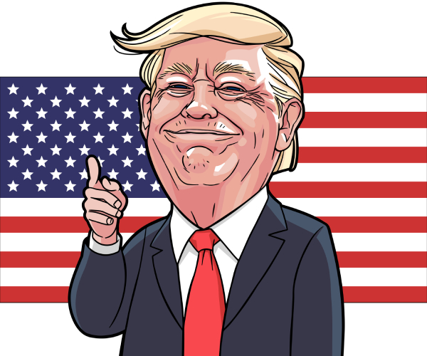 a cartoon of trump smiling and standing in front of an american flag