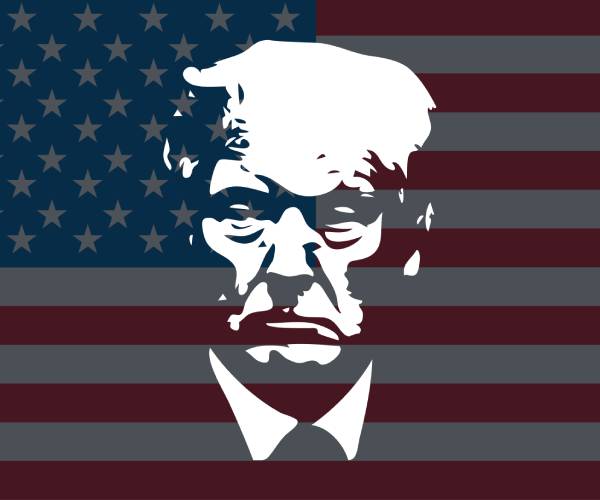 illustration of trump's face superimposed on an american flag