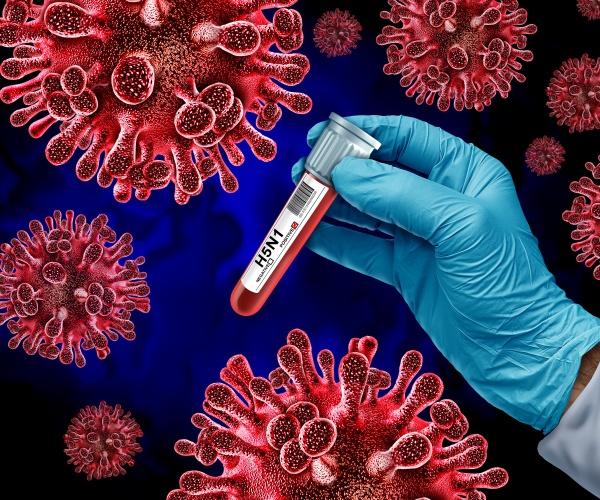 illustration of virus particles and scientist holding a vial of blood to test for bird flu