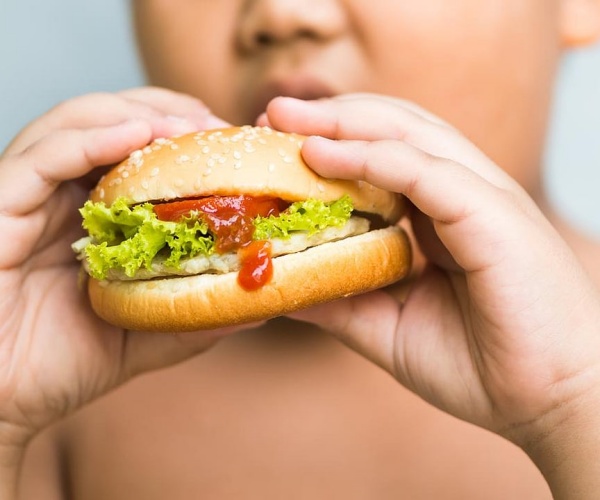 Young boy eating a cheeseburger