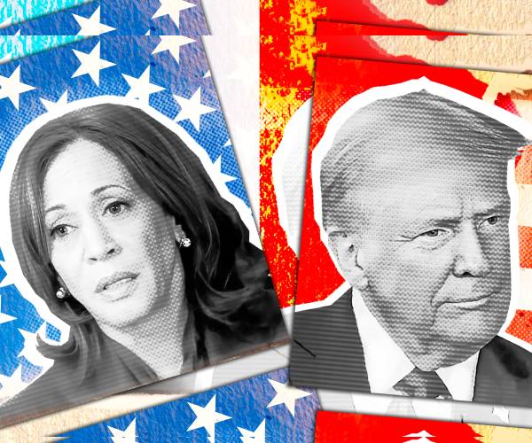 pictures of kamala harris and donald trump over an election themed background