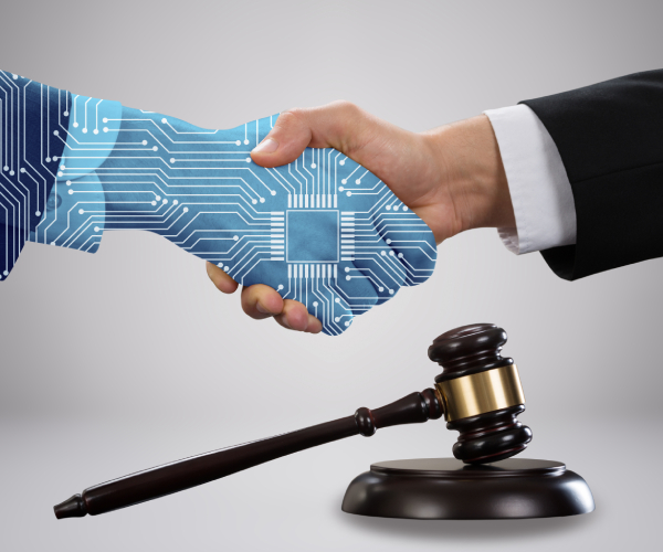 gavel in fronto a a lawyer shaking hands with a digitized partner
