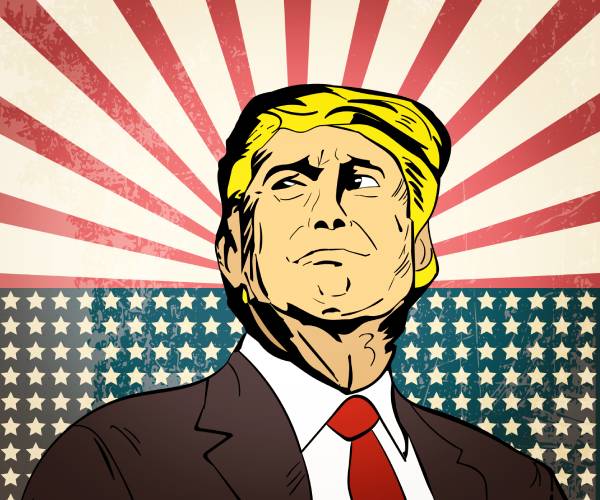 a drawing of donald trump with stars and a burst of red and white stripes behind him