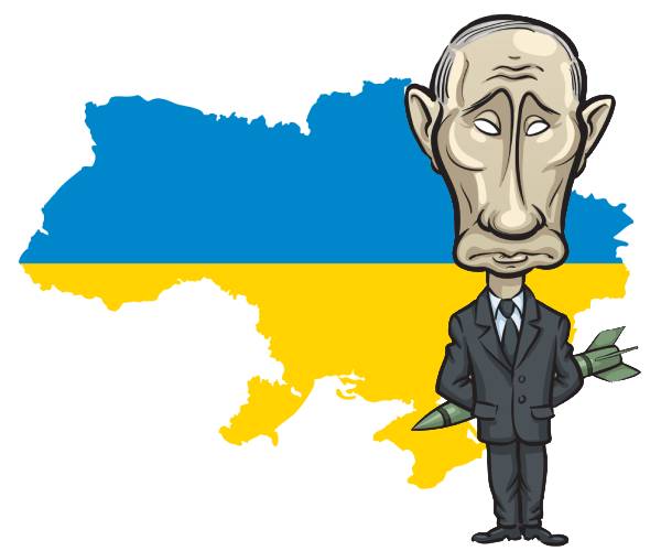 cartoon of putin with a nuclear missile behind his back with a map of ukraine in the background