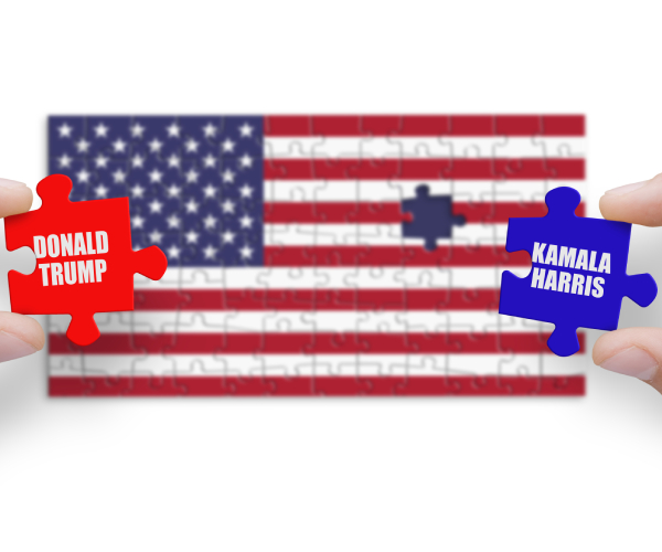 an american flag puzzle with two hands holding pieces to fit in the last space labeled donald trump and kamala harris