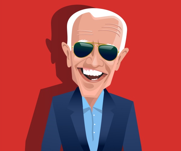 cartoon caricature of joe biden in blue suit with red background