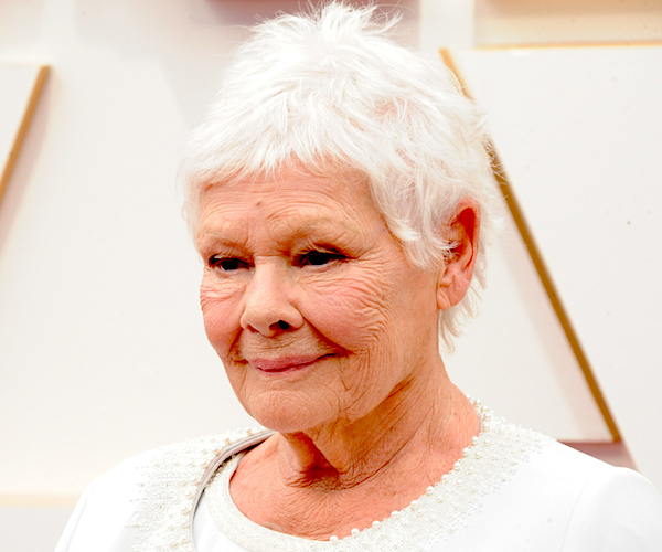 actress judi dench with white hair and a white dress on a white carpet