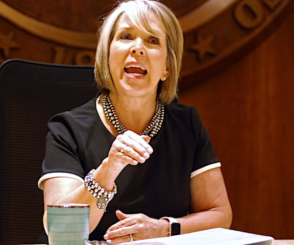 New Mexico Democrat Gov. Michelle Lujan Grisham exults during a news conference