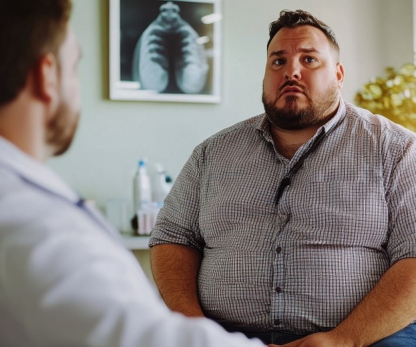 Man with obesity talking to doctor in office