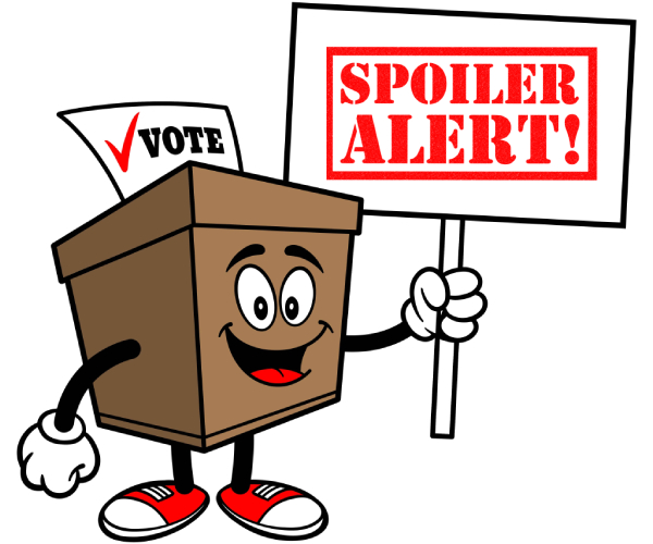 a ballot box with a smiling face holding a sign reading spoiler alert