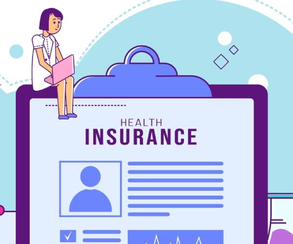 cartoon of a woman sitting on top of a large chart labled health insurance