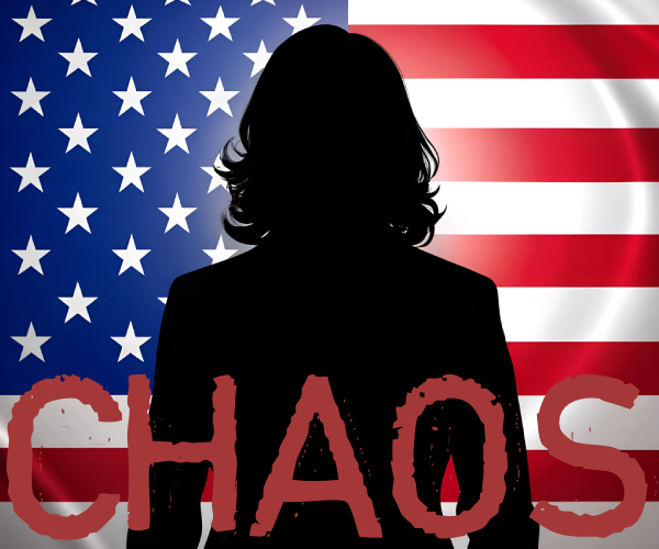 silhouette of kamala harris in front of an american flag and the word chaos