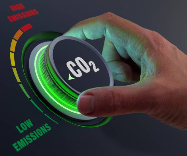 illustration of a hand turning a dial labeled see oh two with a range of high emissions and low emissins