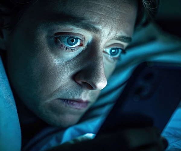 man scrolling on smartphone at night in bed looking anxious