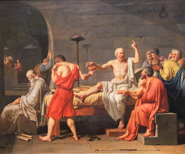 oil painting depicting socrates drinking poision