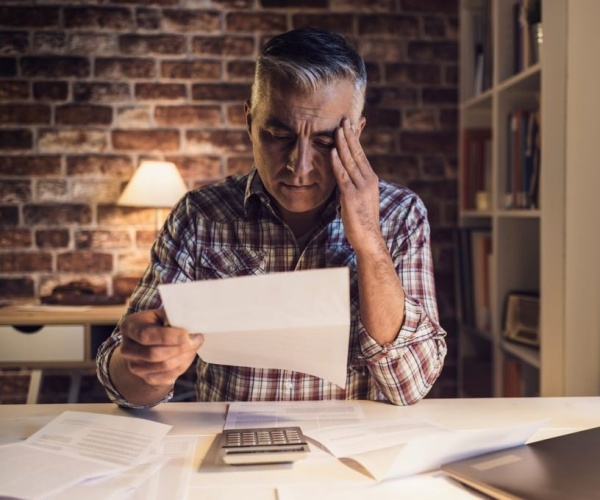 man looking worried while looking at medical bills