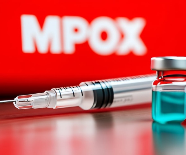 vial of mpox vaccine, syringe