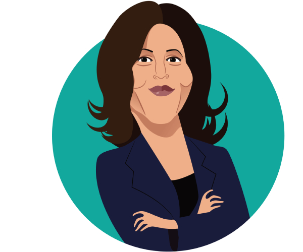 cartoon of kamala harris with arms folded