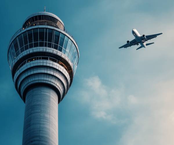 an air traffic control tower with a passenger jet flying by