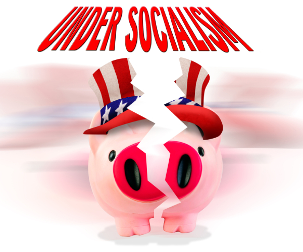 broken piggybank and the words under socialism