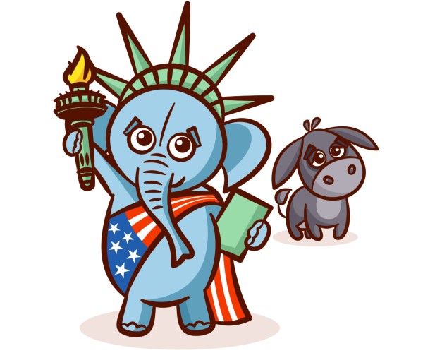 cartoon of republican elephant wearing flag sash and statue of liberty crown and torch with sad democrat donkey