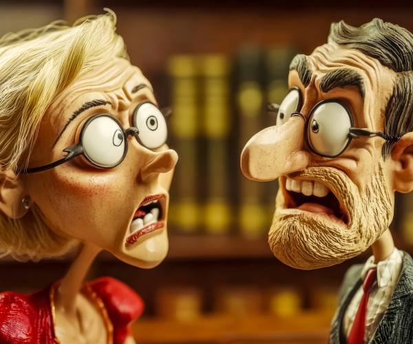 a comical cartoon of a man and woman arguing with eyes bulged