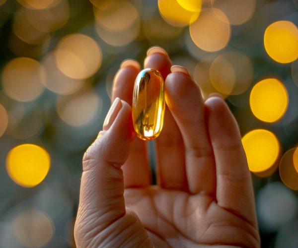 woman holding a vitamin d capsule