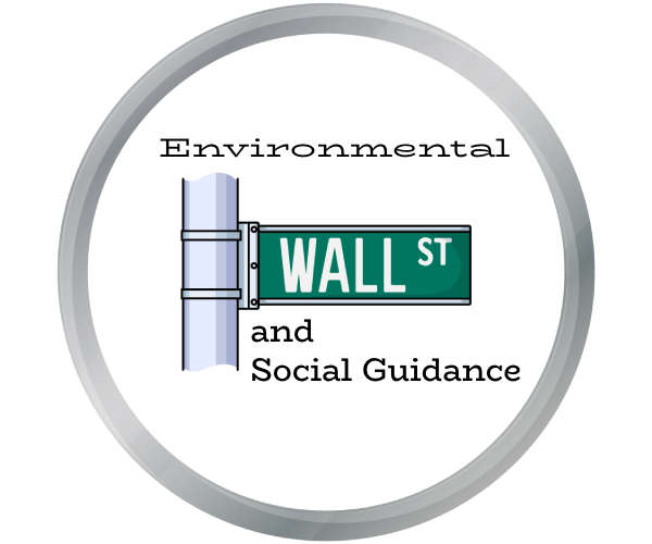 a wall street sign with environmental and social guidance written around it