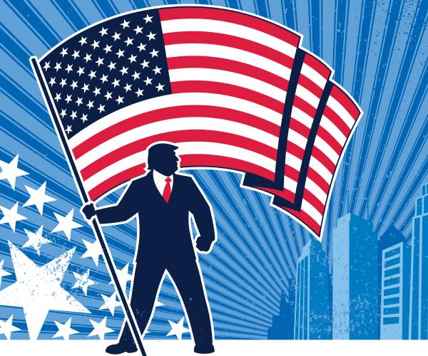 illustration of donald trump holding a large billowing flag with a city skyline in the background