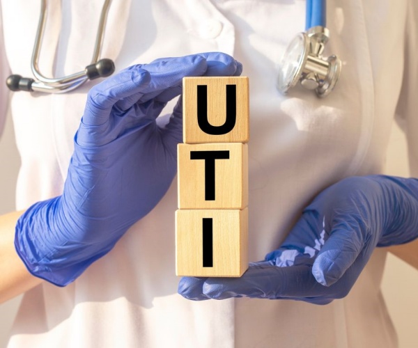 physician holding three blocks that spell out 'U-T-I'