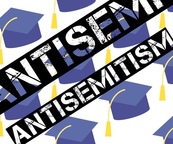 rows of graduation caps with the word antisemitism stamped on top