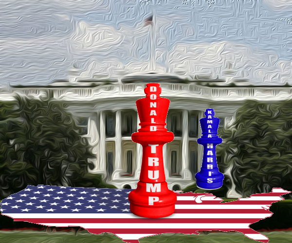 chess pieces labeled trump and harris on a united states map and in front of the white house