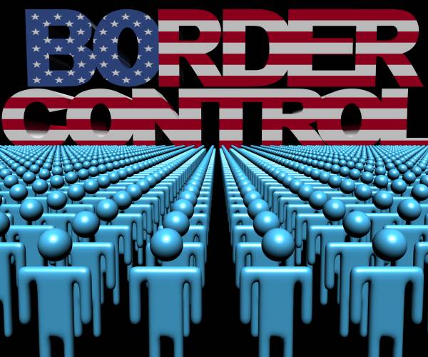 border control written over an american flag and a group of stick people