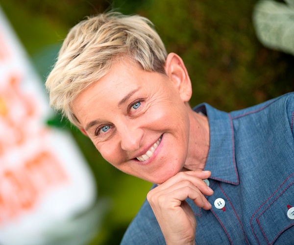 ellen degeneres stands on red carpet