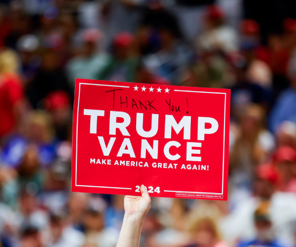 a person holds a trump/vance maga sign in a crowd