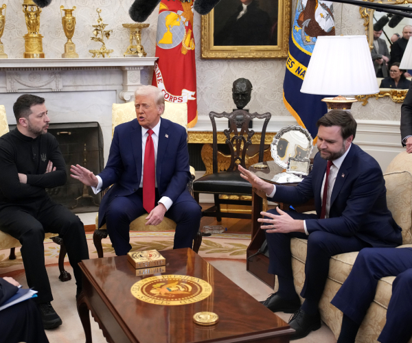 volodymyr zelenskyy, donald trump, and jd vance in the oval office with media and officials