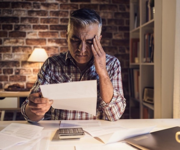 man looking worried as he goes over his medical bills at table