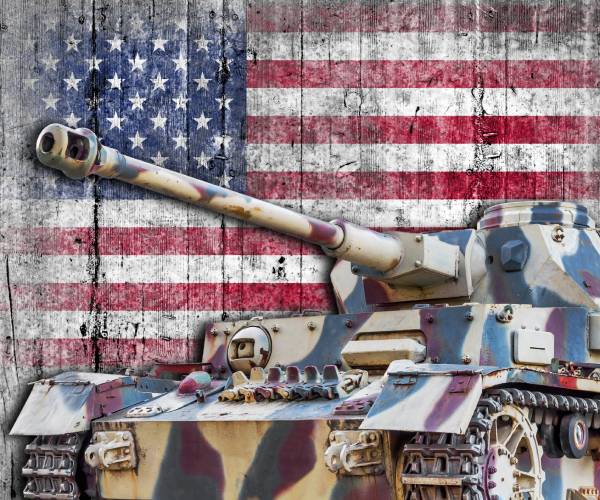 american flag and tank with red and blue camouflage