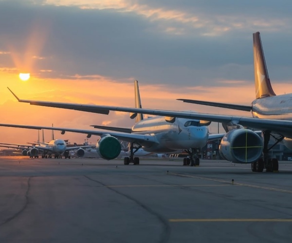 airplanes lined up on tarmac at airport