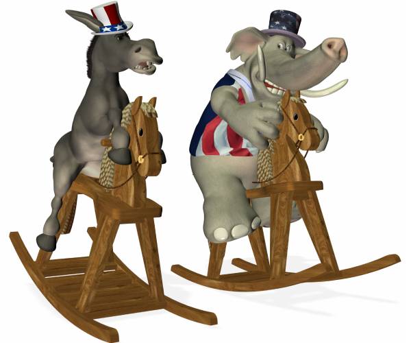 a democratic donkey and republican elephant riding rocking horses