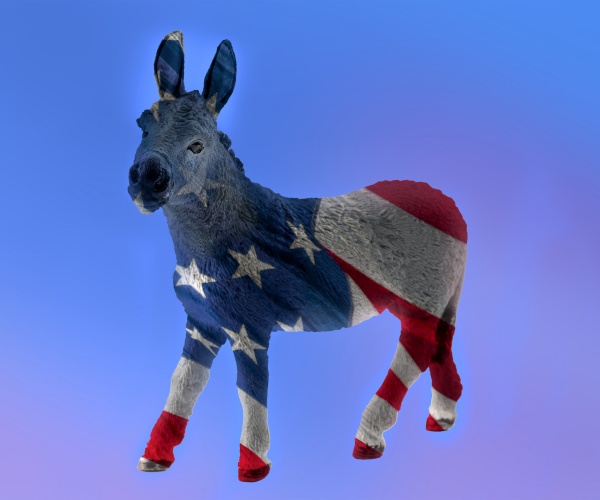 double exposure image of the Democrat donkey and the american flag