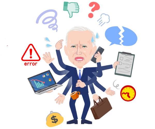 a cartoon of joe biden frowning as he flails his arms trying unsuccessfully to perform multiple tasks at once