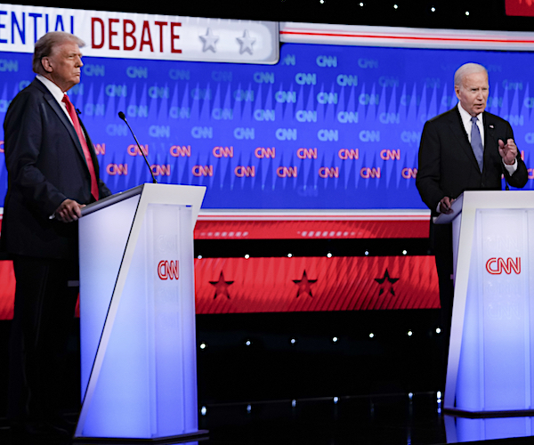 Donald Trump and Joe Biden on a debate stage