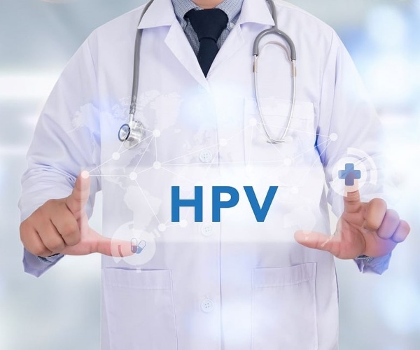 illustration of physician with 'HPV' in front of him